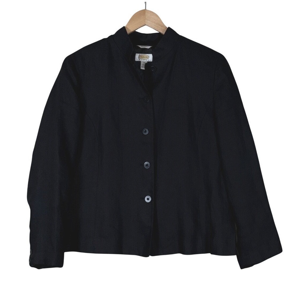 Talbots Blazer Women 14 Petite Black Irish Linen Lightweight Lined 3 Button READ